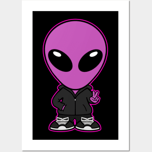 Space Alien Extraterrestrial Peace Hand Sign (Pink) Posters and Art